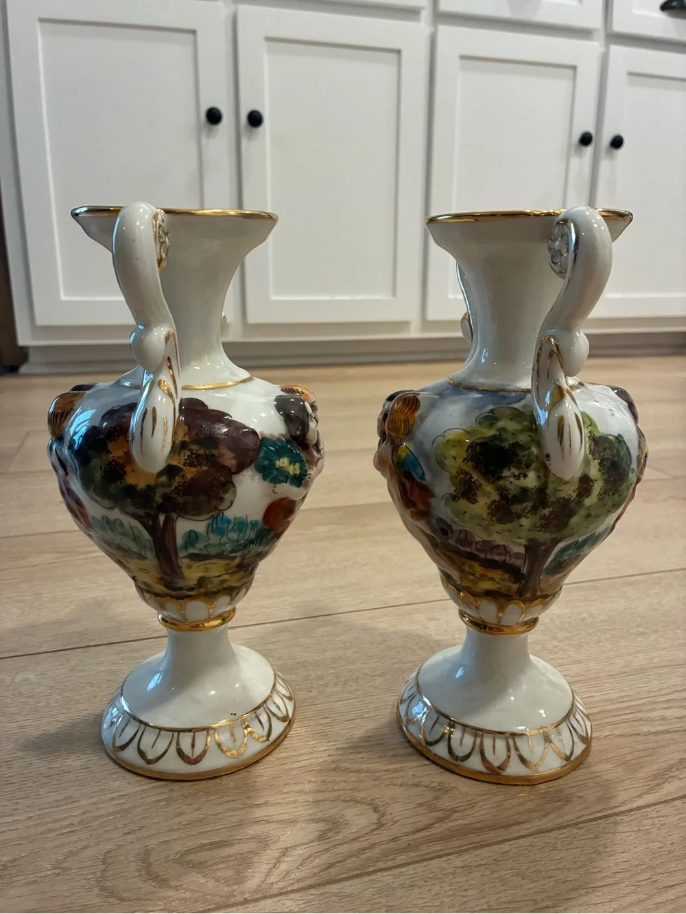 Set of 2 Keramos R. Capodimonte Italian Hand Painted Vases 9.5” Tall
